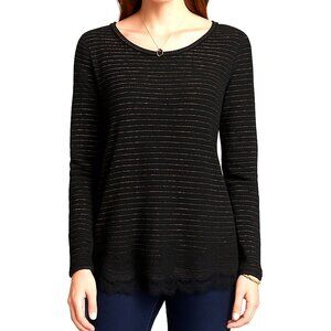 Lauren Conrad XL Black Gold Metallic Stripe Lace Hem Long Sleeve Blouse Evening